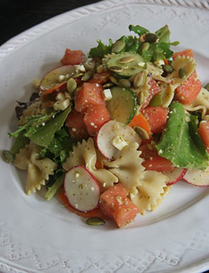 Watermelon Feta Pasta Salad with Pumpkin Seeds