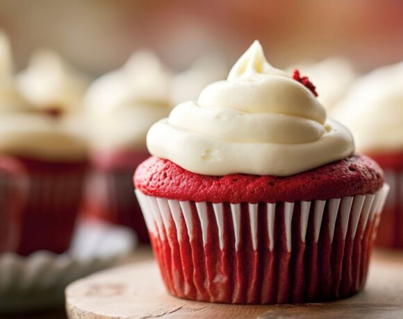 red velvet cupcake with white cream cheese frosting